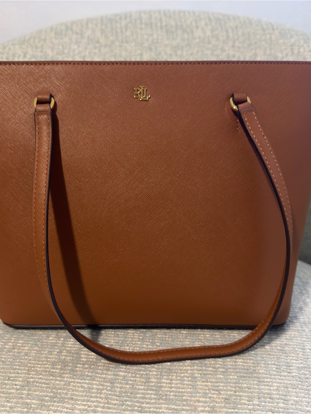 Ralph Lauren Cognac Leather Tote with Gold RL Emblem